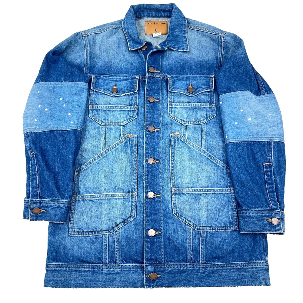 True Religion Denim‎ Jacket Men Medium Blue Jean Trucker Retro Patchwork Adult *
